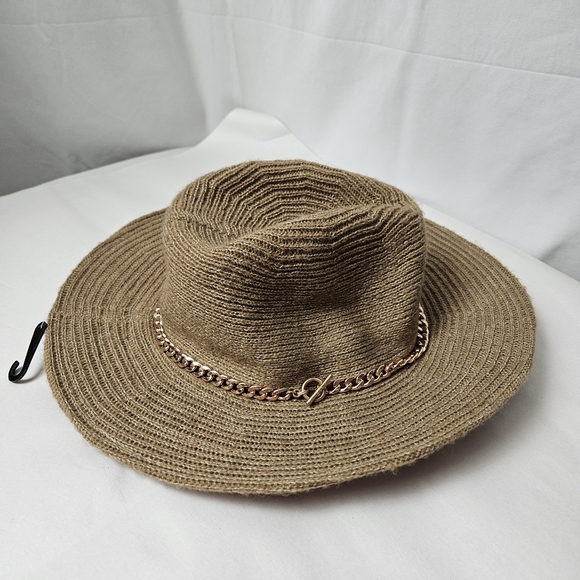 Vince Camuto Women's Panama Hat  Rose Gold Chain Trim Adjustable One Size - Picture 1 of 6